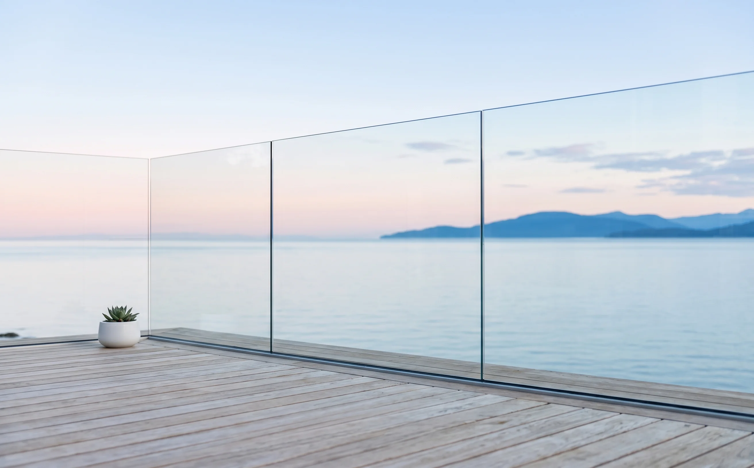 Frameless base-shoe glass deck railing on a West Vancouver waterfront home — engineered to vanish from the primary view corridor