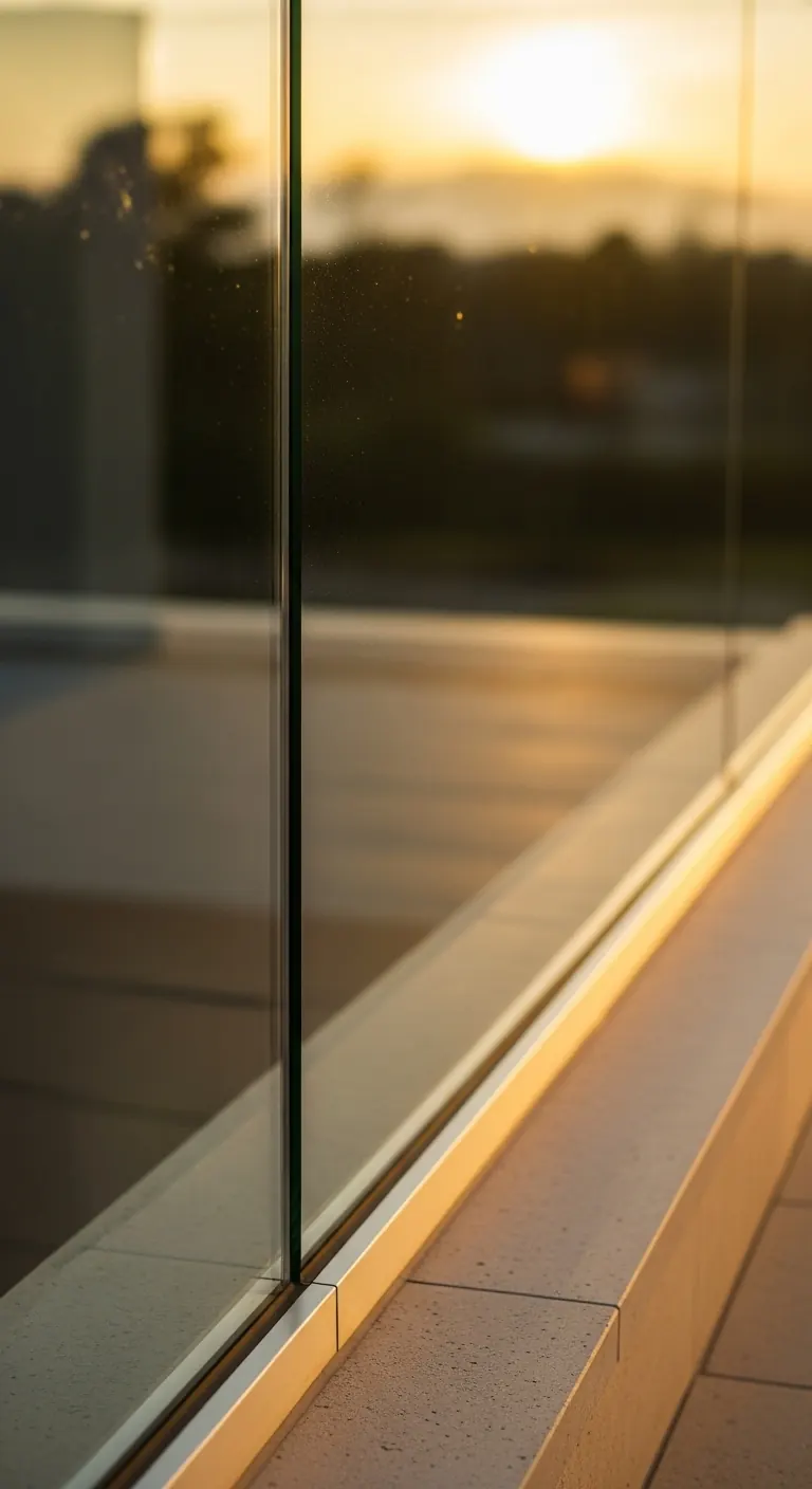 Frameless glass railing on a waterfront condo balcony overlooking the Fraser River — post-and-clamp system by LOUEI Metal Arts