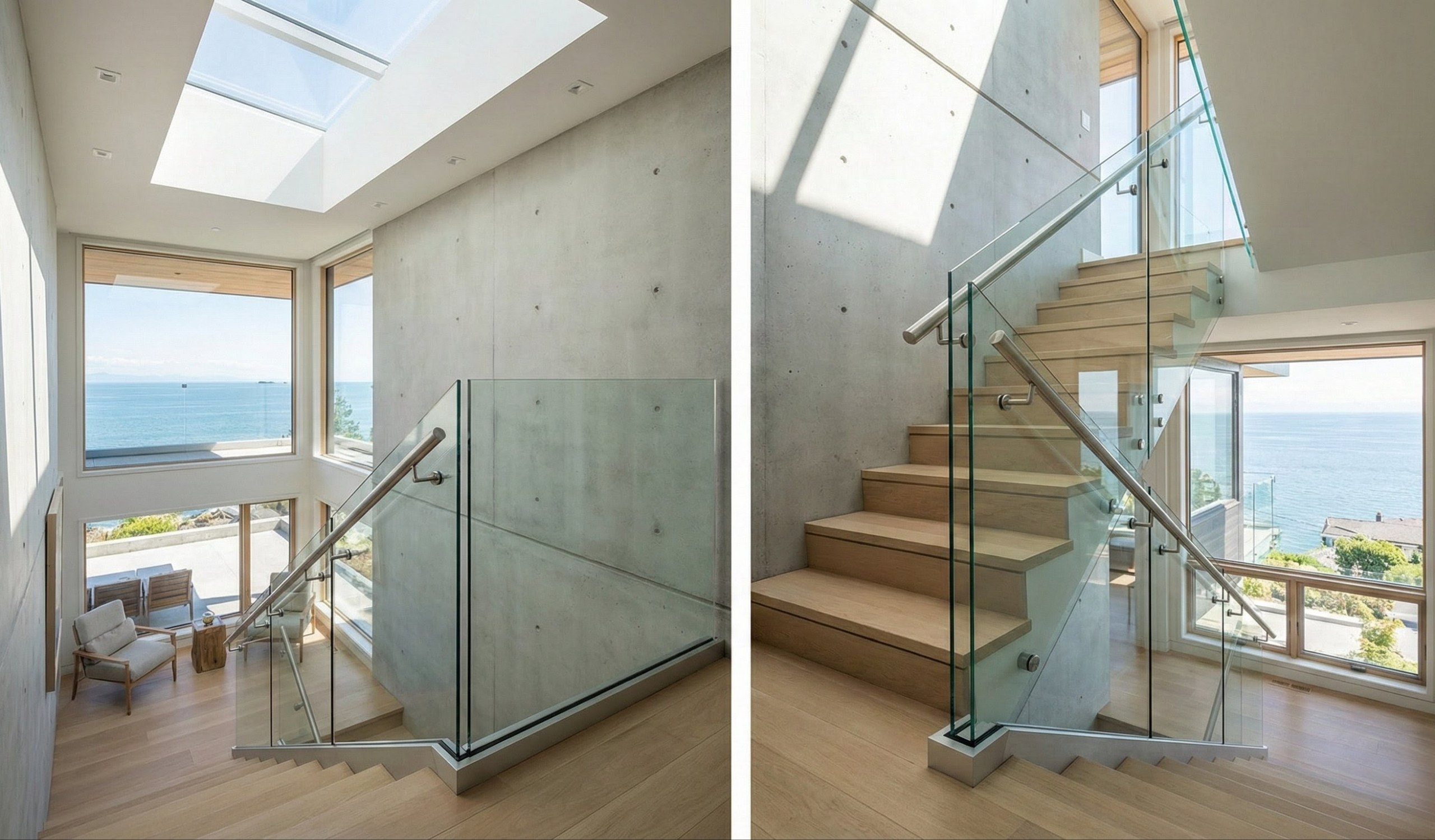West Vancouver interior staircase with glass railing panels