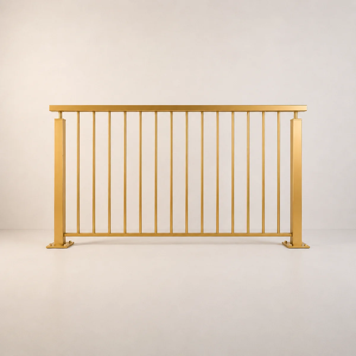Gold powder-coated picket railing with vertical bars and square posts by LOUEI Metal Arts