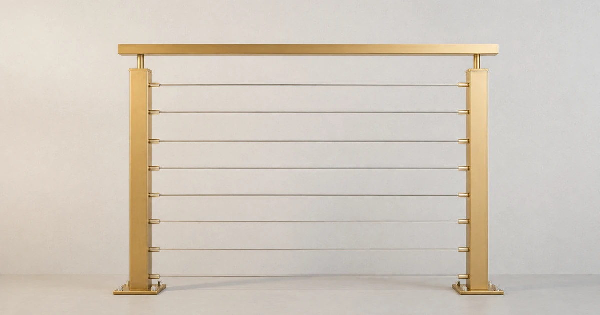 Brushed gold cable railing with horizontal stainless cables, square posts and a flat top rail by LOUEI Metal Arts
