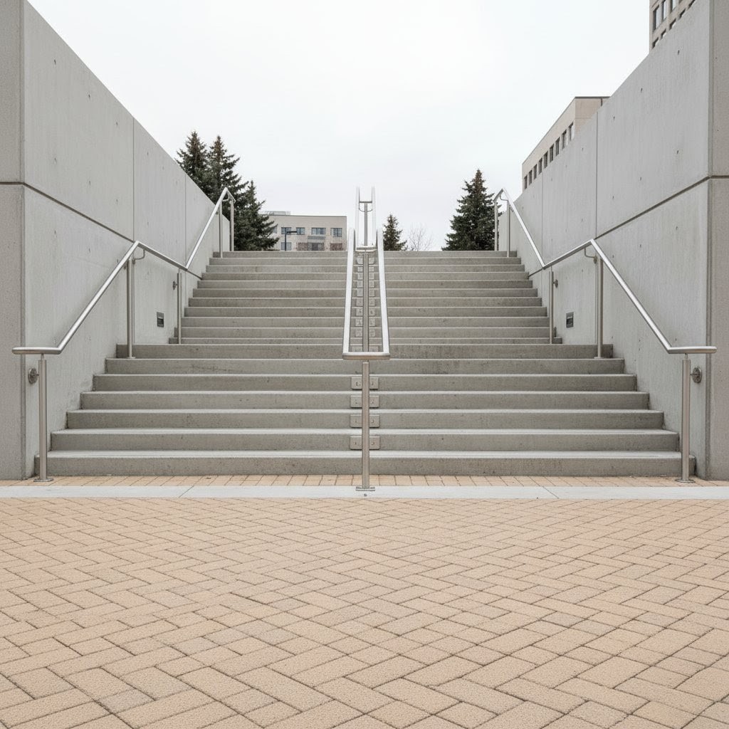 Stainless steel handrail on exterior stairs with triple run configuration