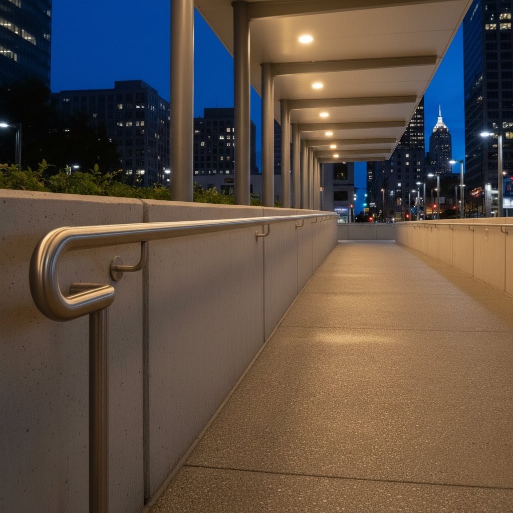Stainless steel handrail illuminated at night on exterior ramp walkway