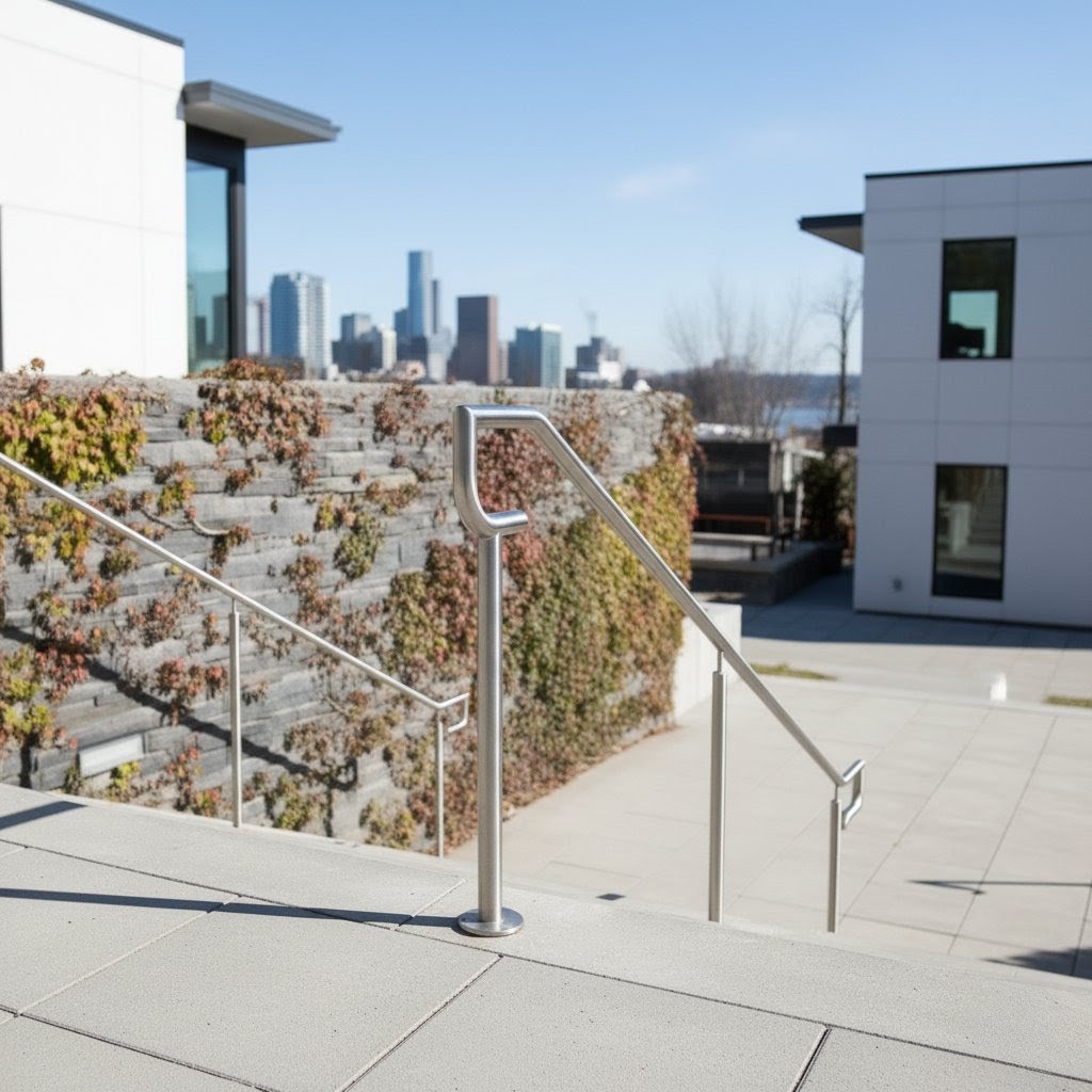 Stainless steel handrail with post mount on exterior stairs with city view