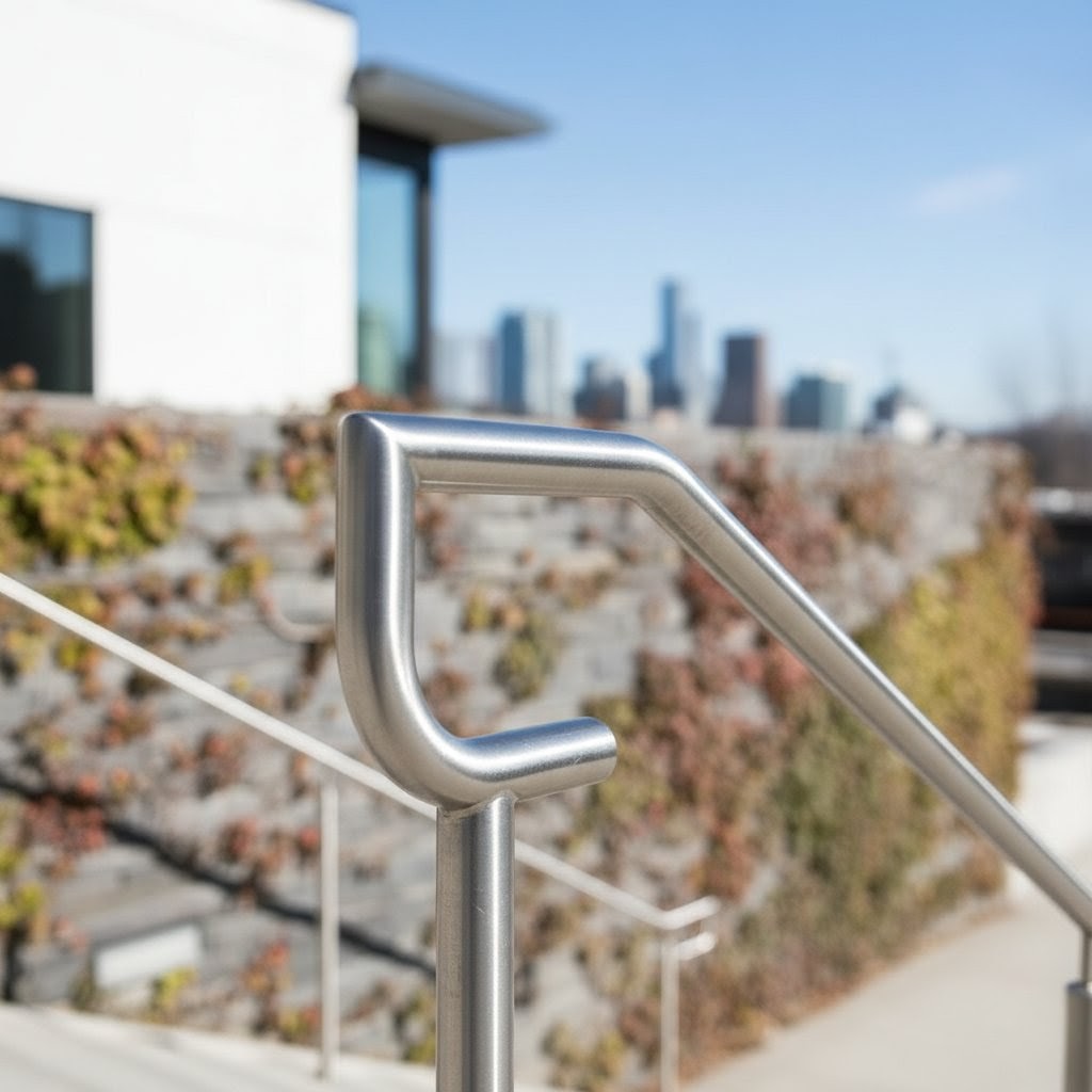 Close-up detail of stainless steel handrail post mount connection