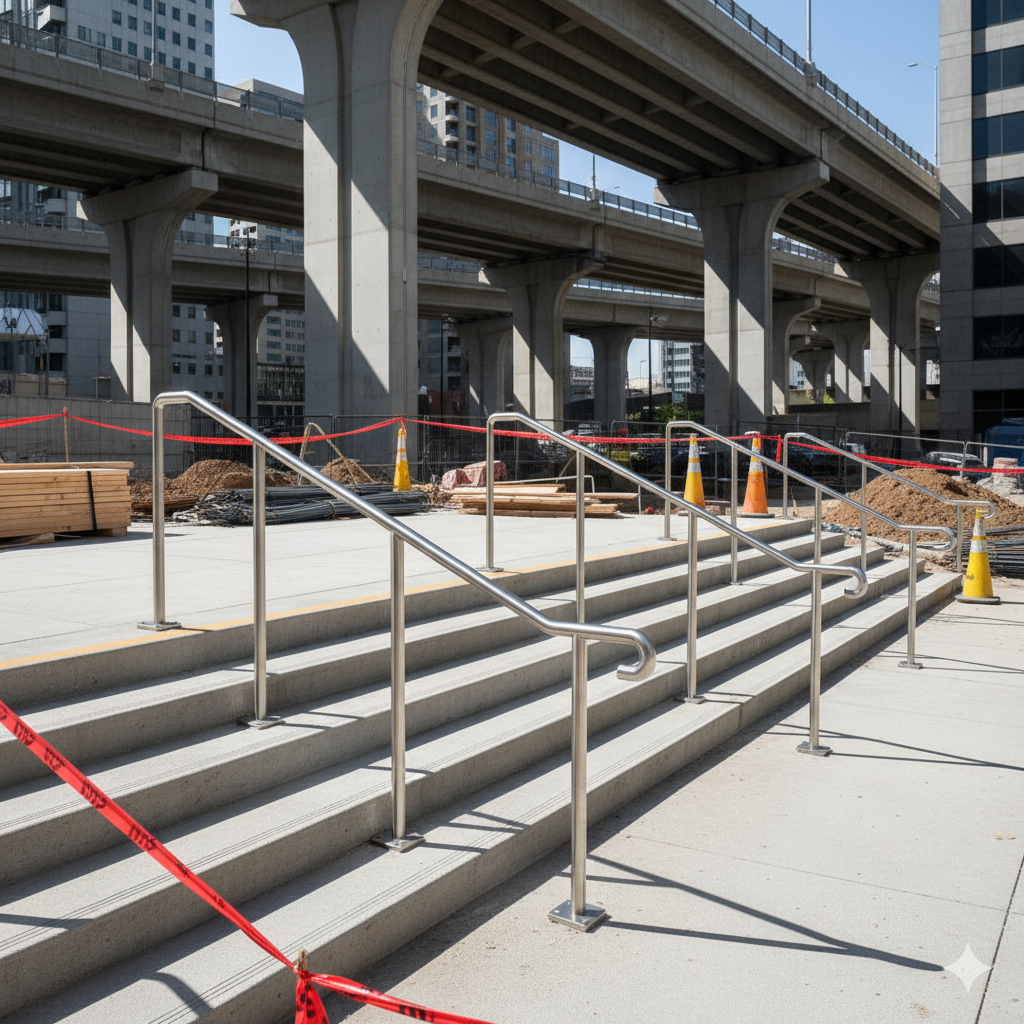 Stainless steel handrails on construction site exterior stairs