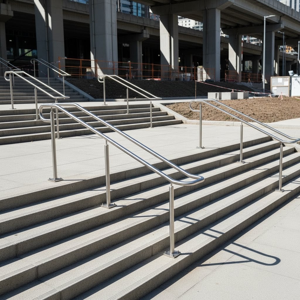 Multiple runs of stainless steel handrails on exterior commercial stairs