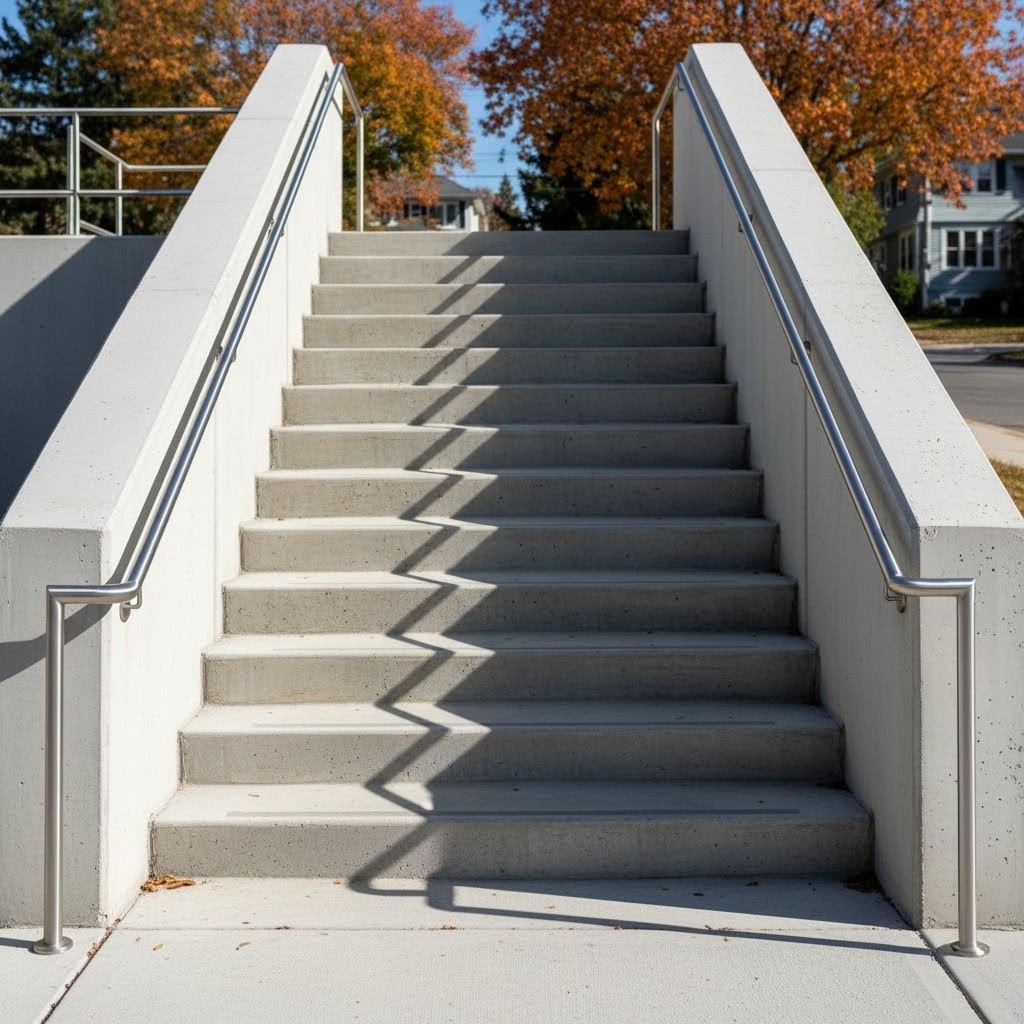 Stainless steel side-mounted handrails on residential exterior stairs