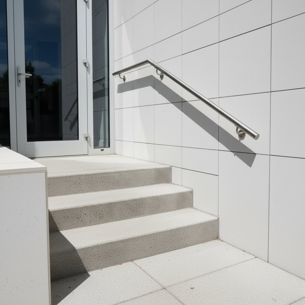Wall-mounted stainless steel handrail at building entrance with minimal brackets