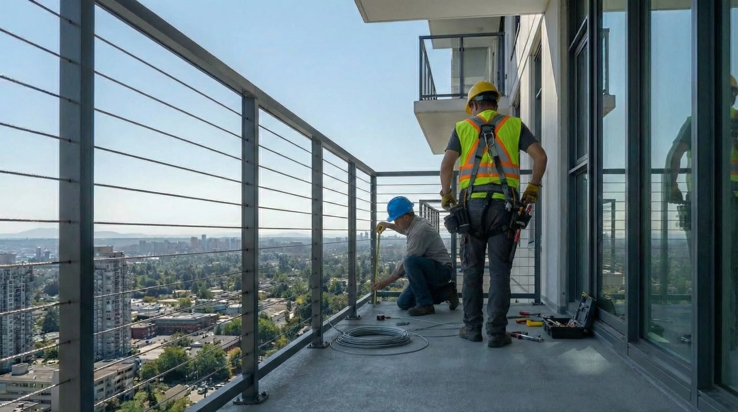 Cable railing installation on a high-rise balcony in Vancouver