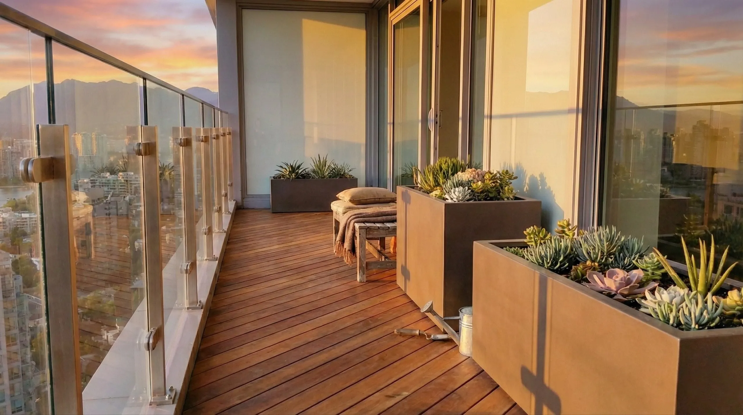Frameless glass railing on a balcony at sunset