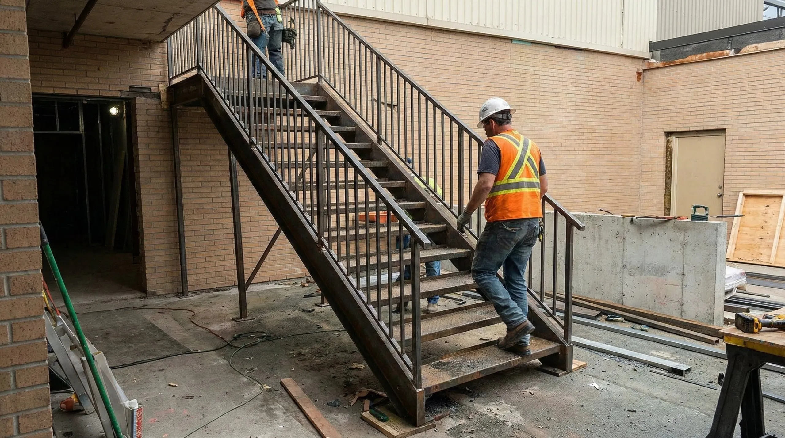 Exterior steel stairs installation with metal guardrails