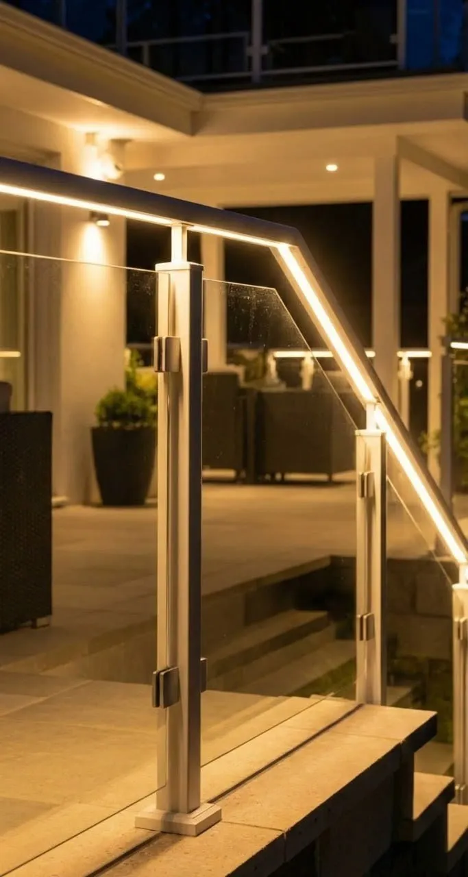 Low-iron glass balcony panel with brushed stainless clamps and posts on a Vancouver home.