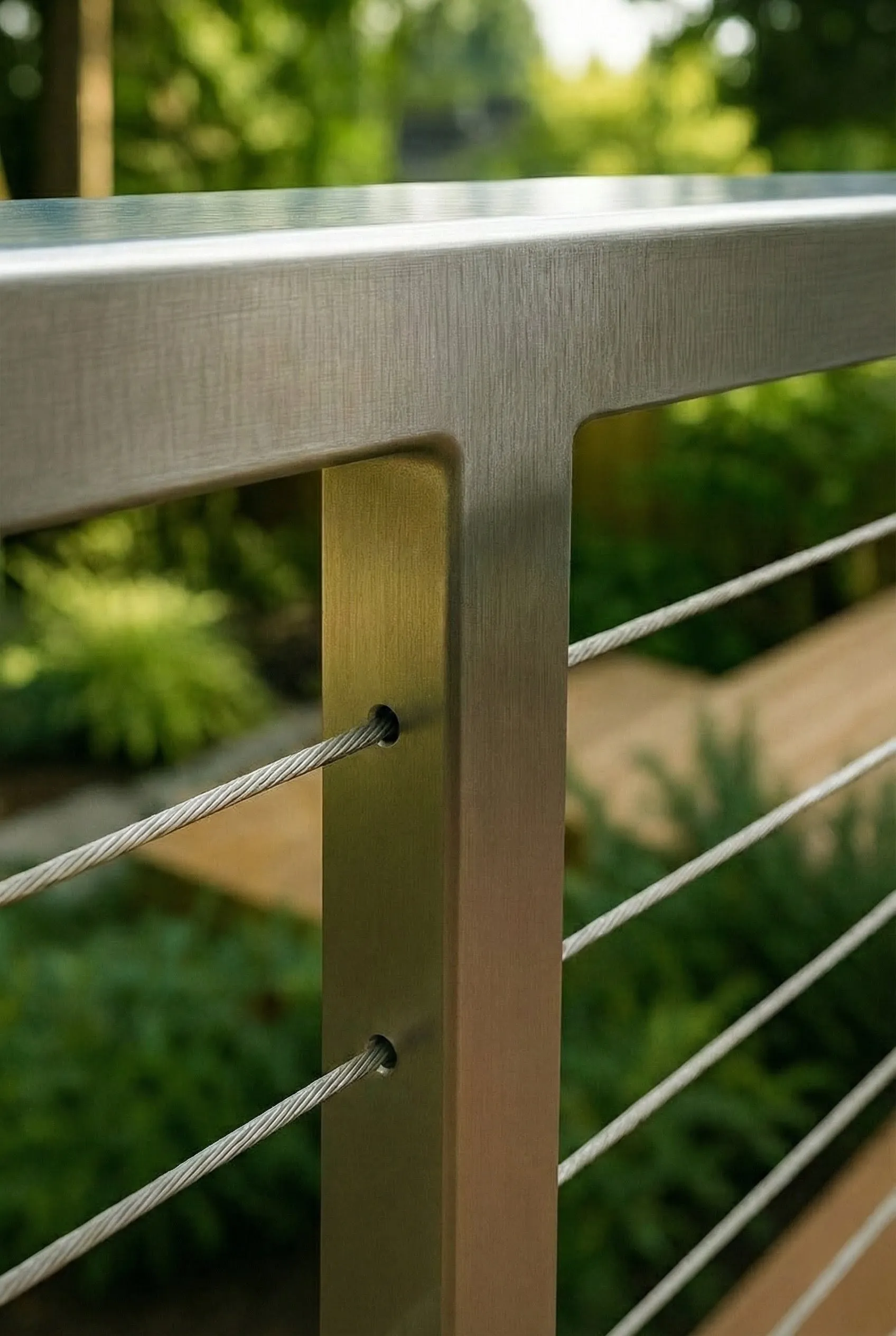 Close-up of a stainless steel cable railing with stainless top rail and posts in Metro Vancouver.