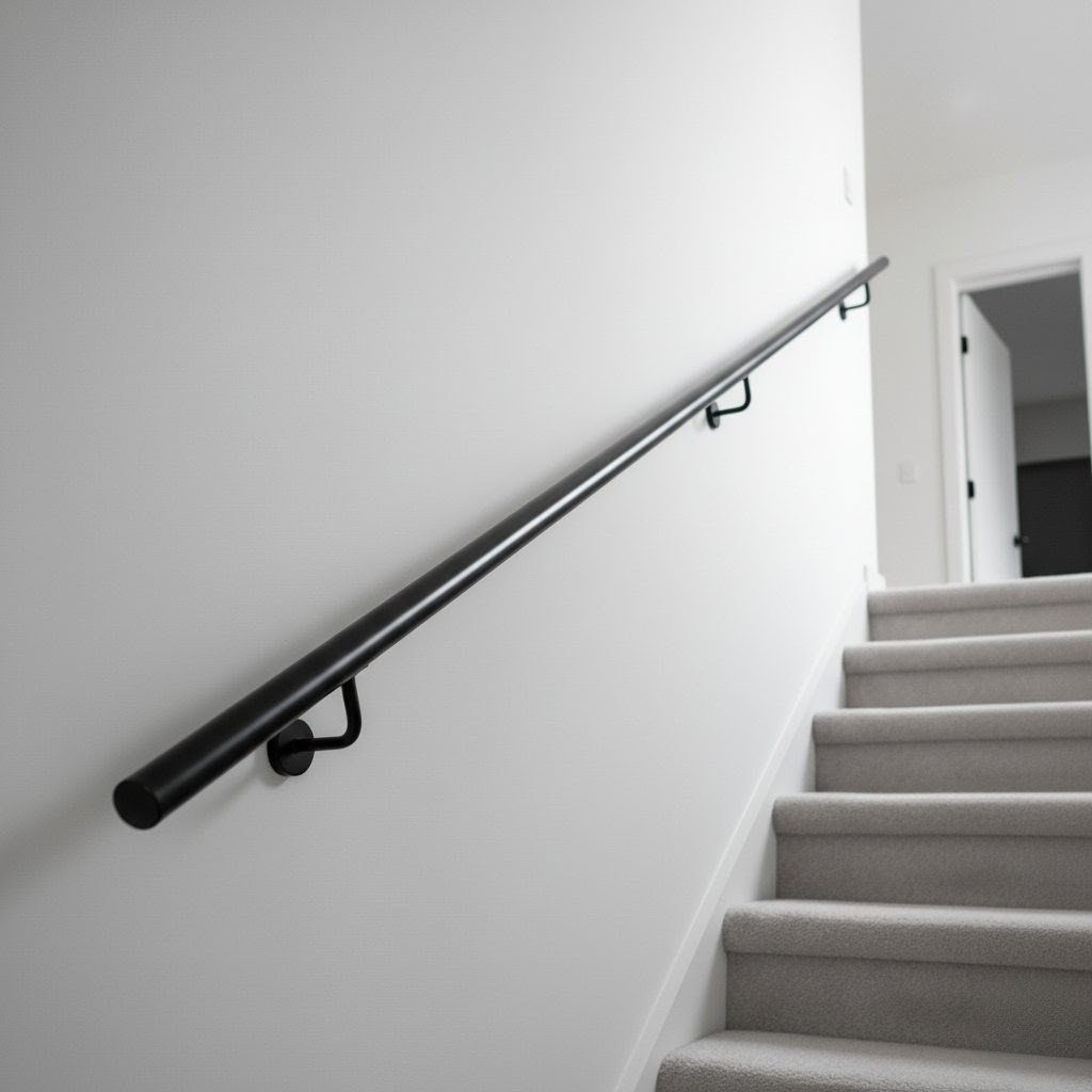 Vancouver interior staircase with a slim black metal handrail