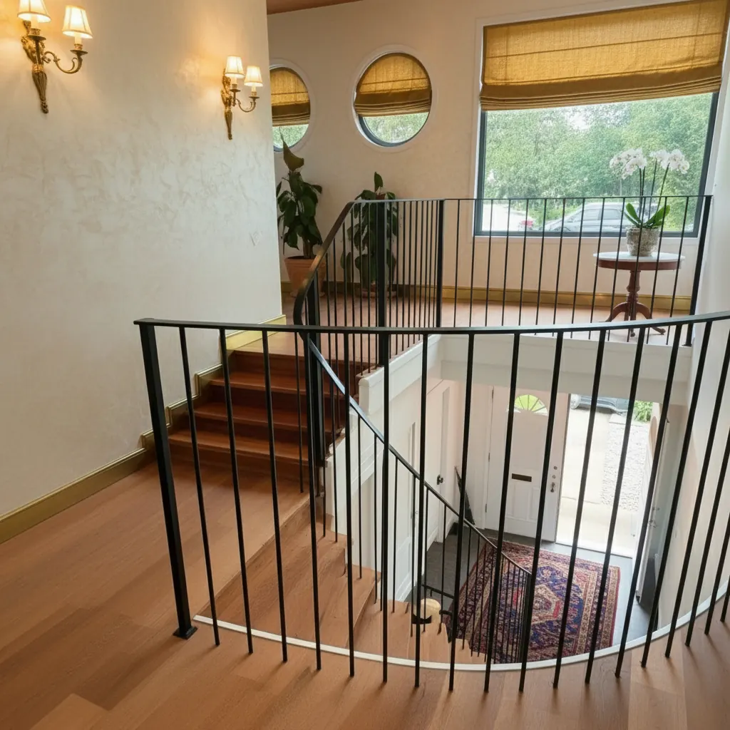 A beautifully crafted, code-compliant custom interior stair railing providing safety for the home.