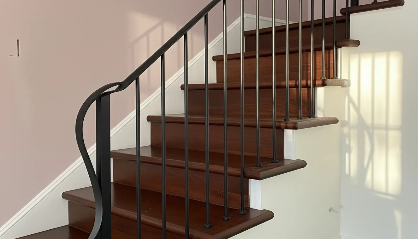 Custom welded interior curved stair railing with matte-black metal pickets on dark wood treads — feature work by LOUEI Metal Arts