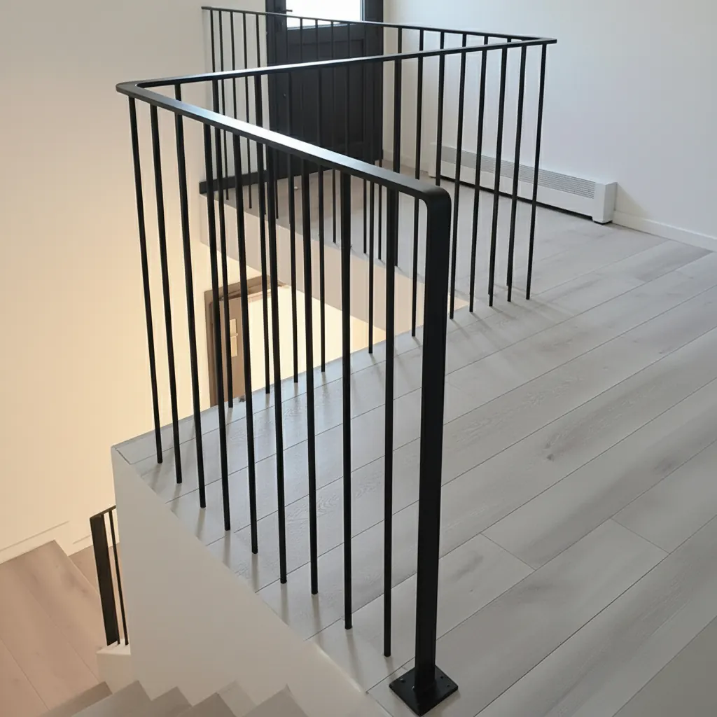 Matte-black interior picket post top-mounted on a light oak finished floor at a stair landing by LOUEI Metal Arts