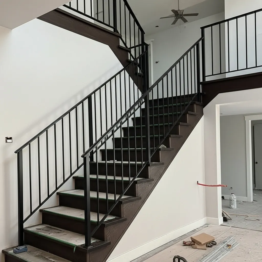 Matte-black interior picket staircase railing with top-mount posts, wood treads, and a landing balcony guard by LOUEI Metal Arts