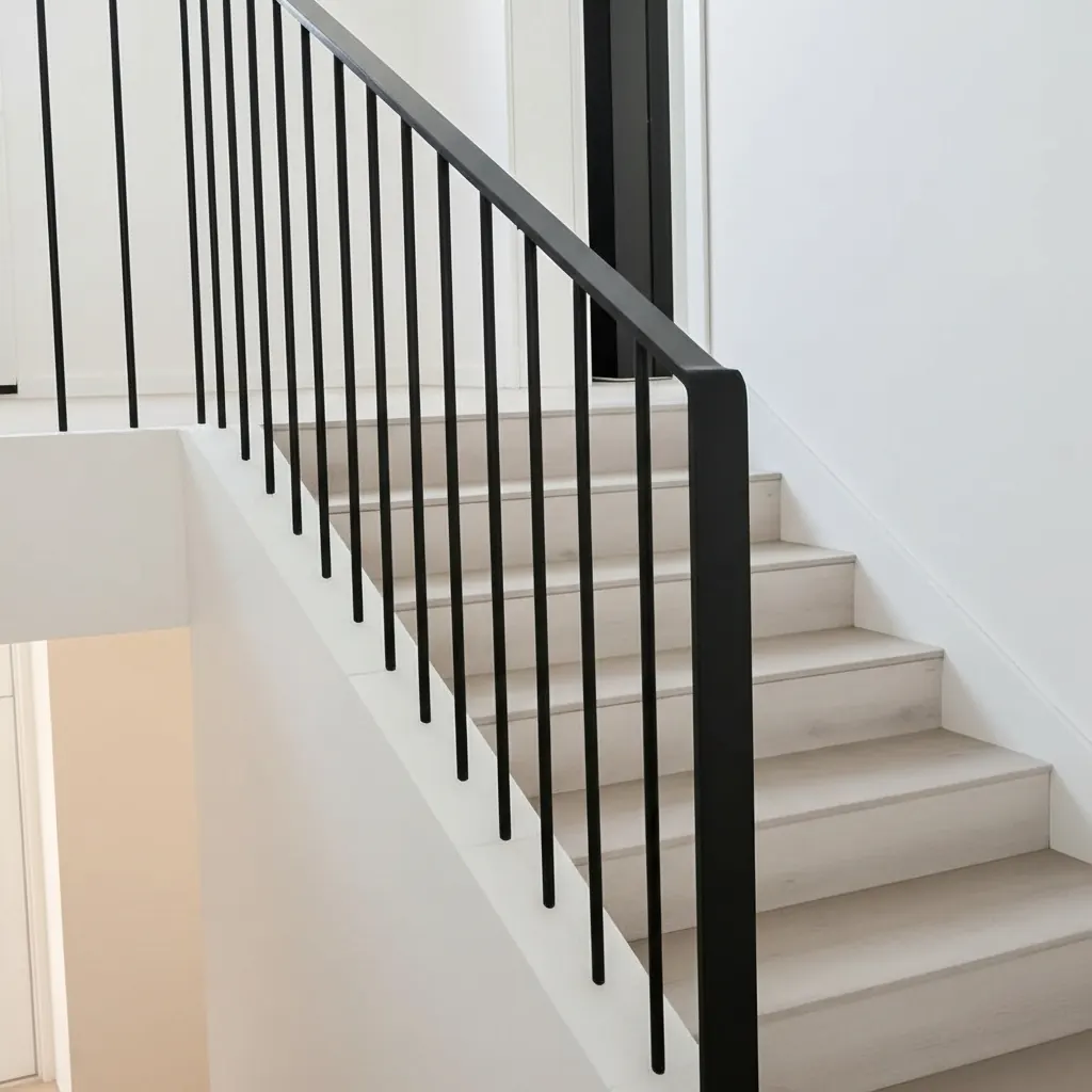 Minimal modern black steel picket stair railing with vertical balusters on wood treads — LOUEI Metal Arts townhome quality