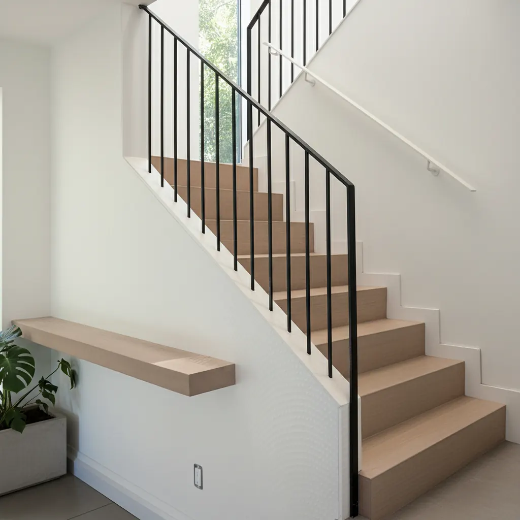 Matte-black interior wrought-iron pickets mounted into a pony wall over light oak treads — showing structural mounting condition by LOUEI Metal Arts