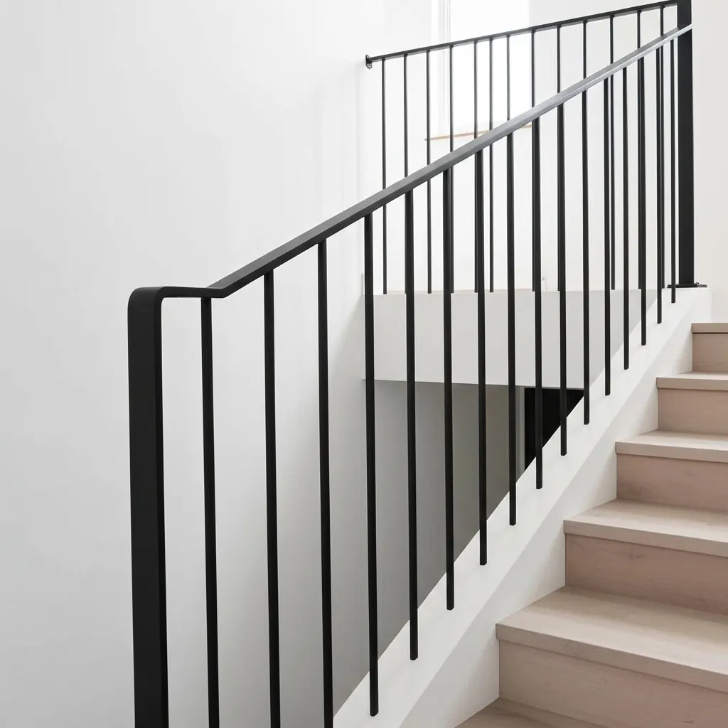 Custom welded matte-black wrought-iron interior staircase railing with vertical pickets and fascia mount over light wood treads by LOUEI Metal Arts