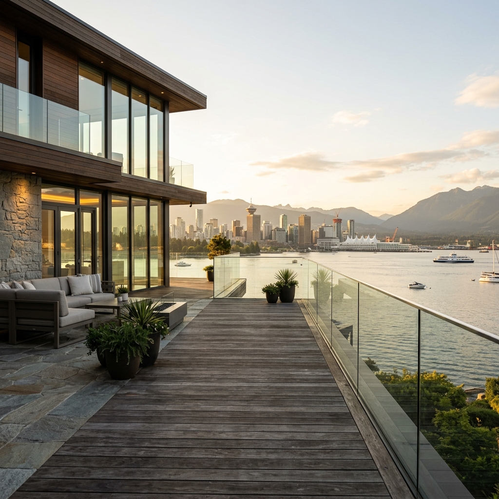 Frameless glass railing on a West Vancouver waterfront estate deck overlooking Burrard Inlet — base-shoe channel system by LOUEI Metal Arts