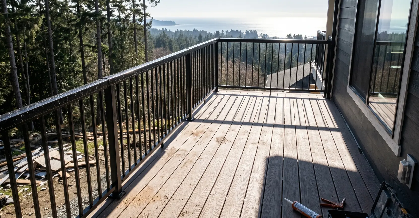Strategic zoning deck railing design combining frameless glass, cable, and picket systems on a BC wrap-around view deck — custom fabrication by LOUEI Metal Arts