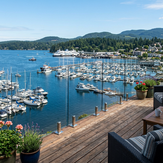 Marine-grade custom glass railing installed on a Nanaimo harbor property.