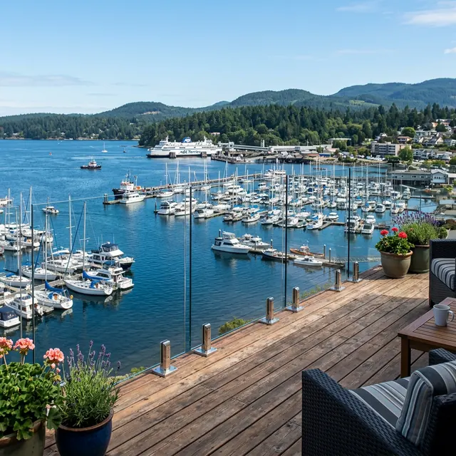 Marine-grade custom glass railing installed on a Nanaimo harbor property.