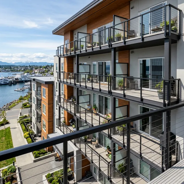 Custom strata balcony railing across multi-unit building by LOUEI Metal Arts