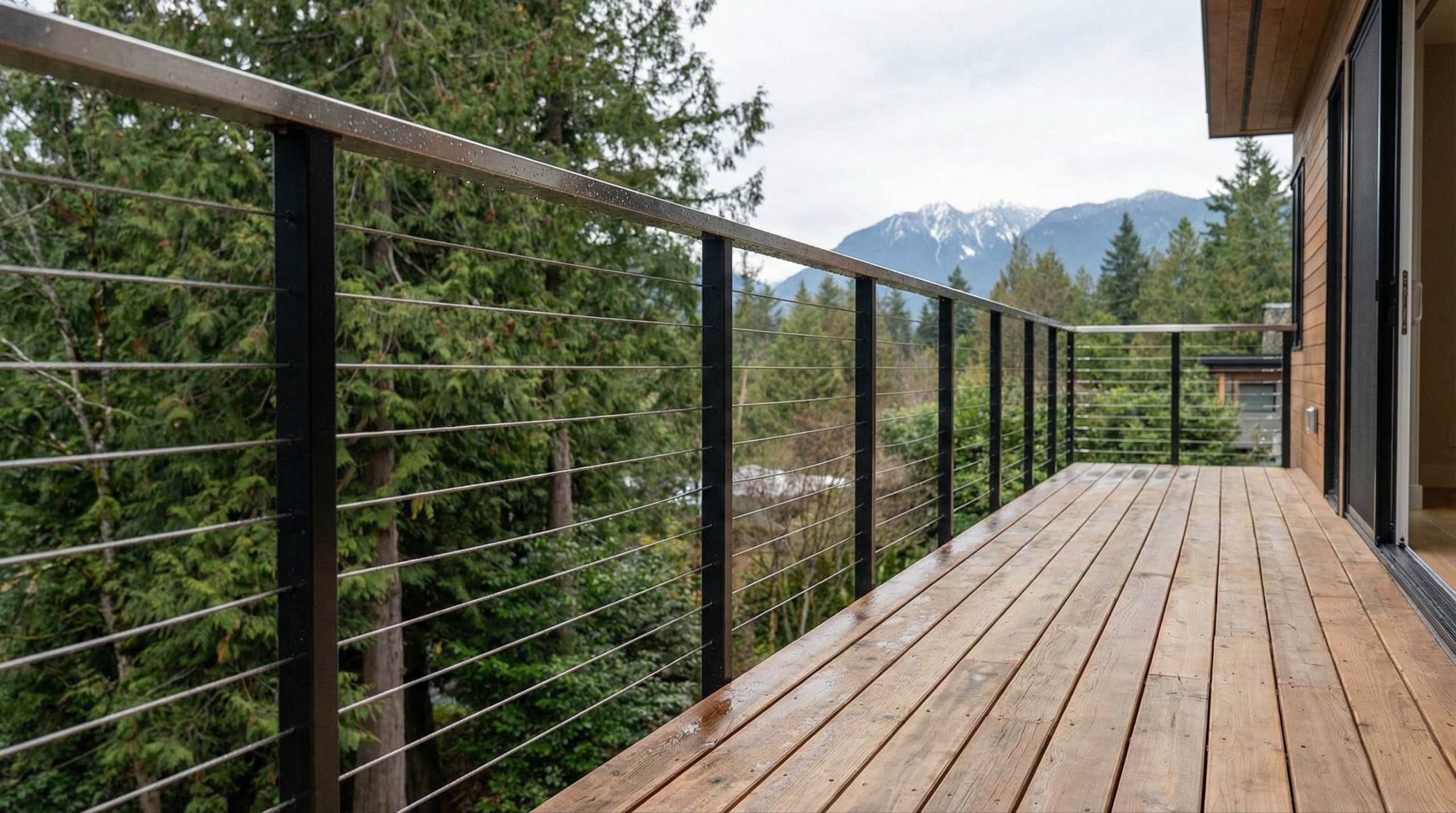 Cable railing on a North Vancouver deck overlooking the mountains.