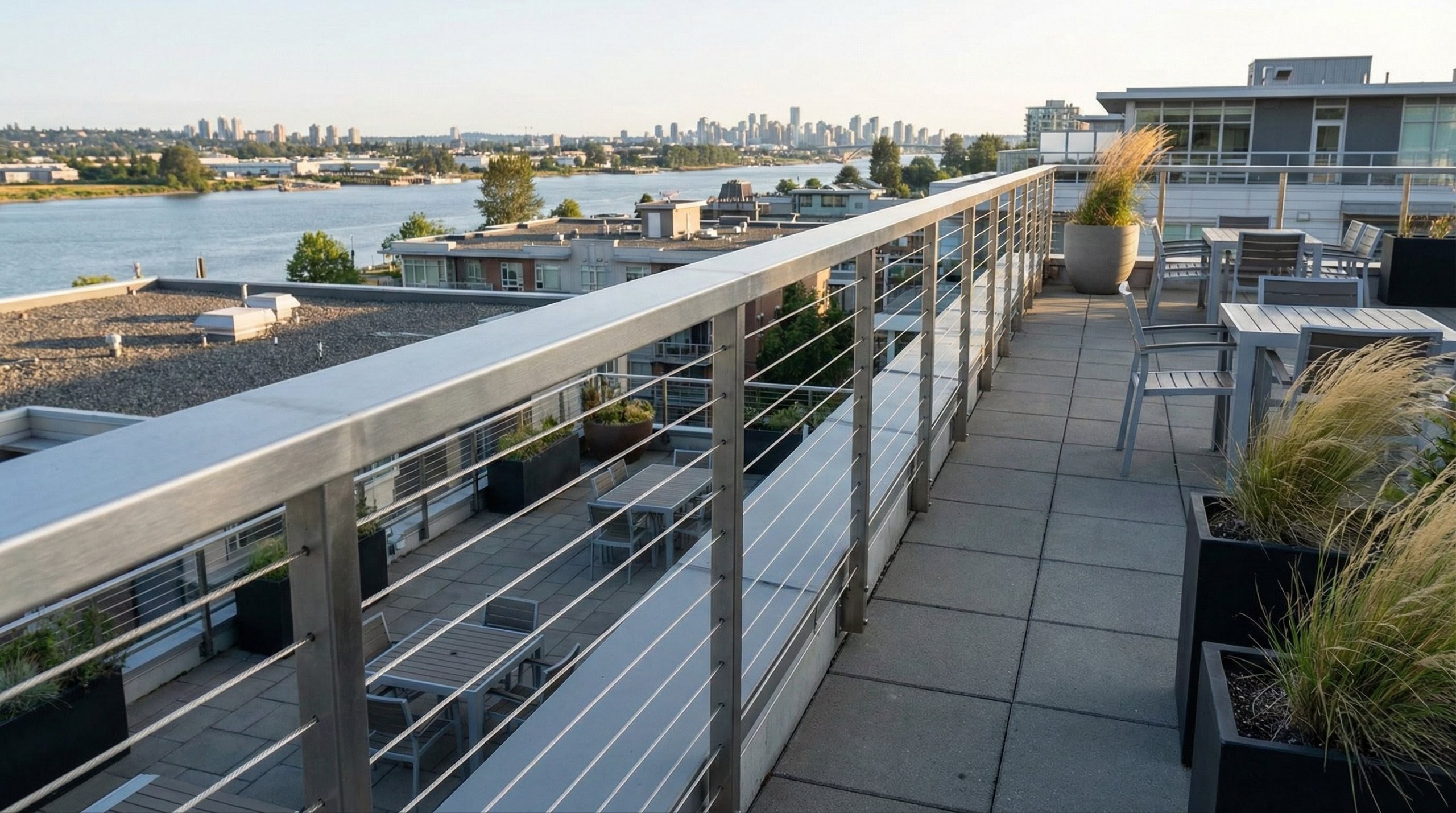 Richmond commercial rooftop patio with stainless cable railings