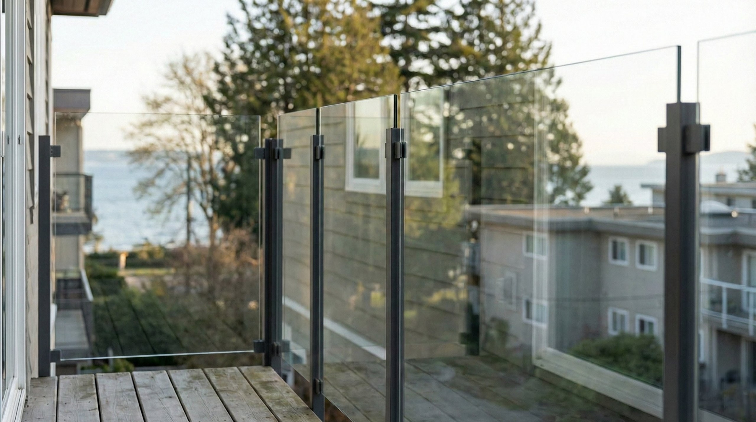 Vancouver glass balcony railing with clear views toward the city skyline.