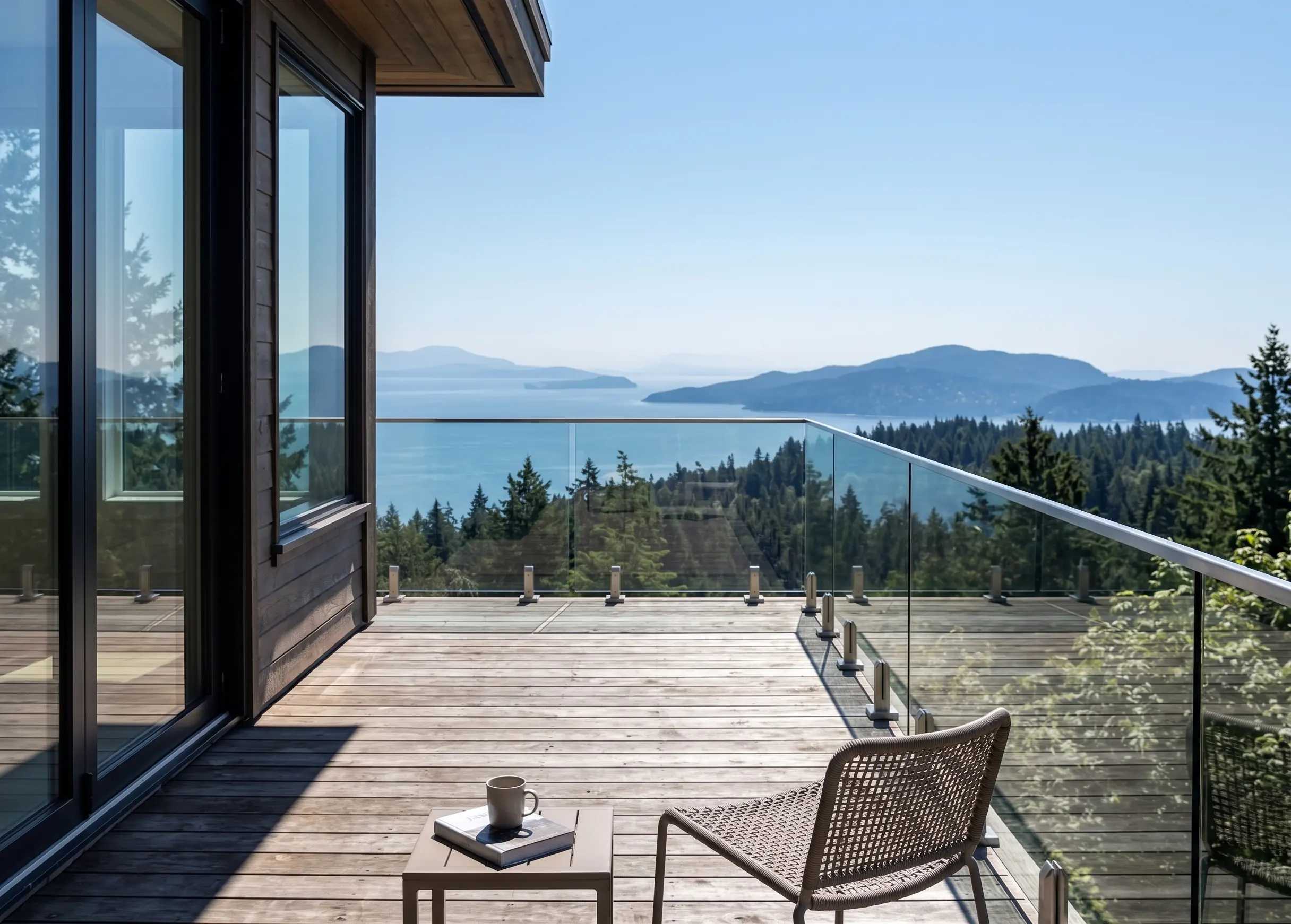 Spigot-mounted frameless glass railing on a cantilevered West Vancouver cliff-edge deck — P.Eng.-sealed structural design for estate homes
