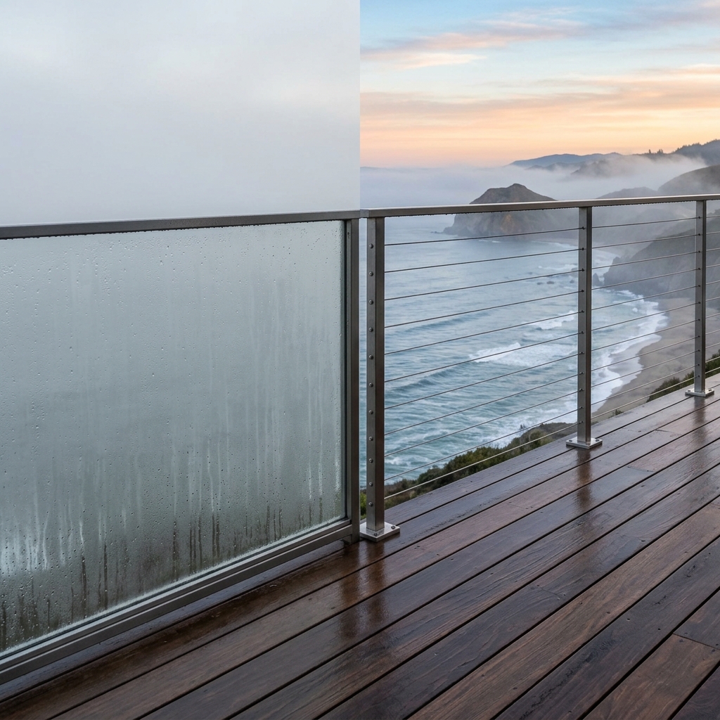 A side-by-side comparison of opaque fogged glass railing vs a crystal clear cable railing.