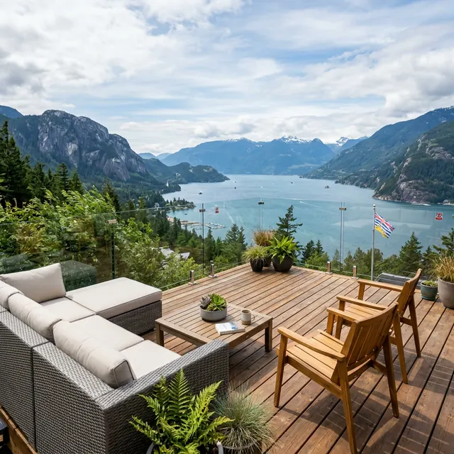 Exterior frameless glass railing with stainless spigots on a rooftop deck — ideal for wind-exposed Squamish properties.