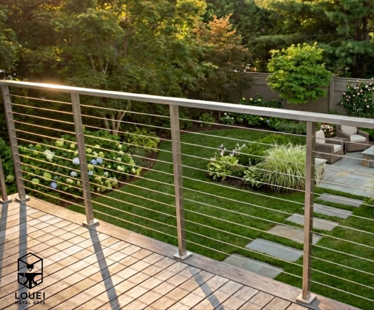 Stainless steel cable railing with horizontal cables on a backyard deck overlooking a landscaped garden and patio.