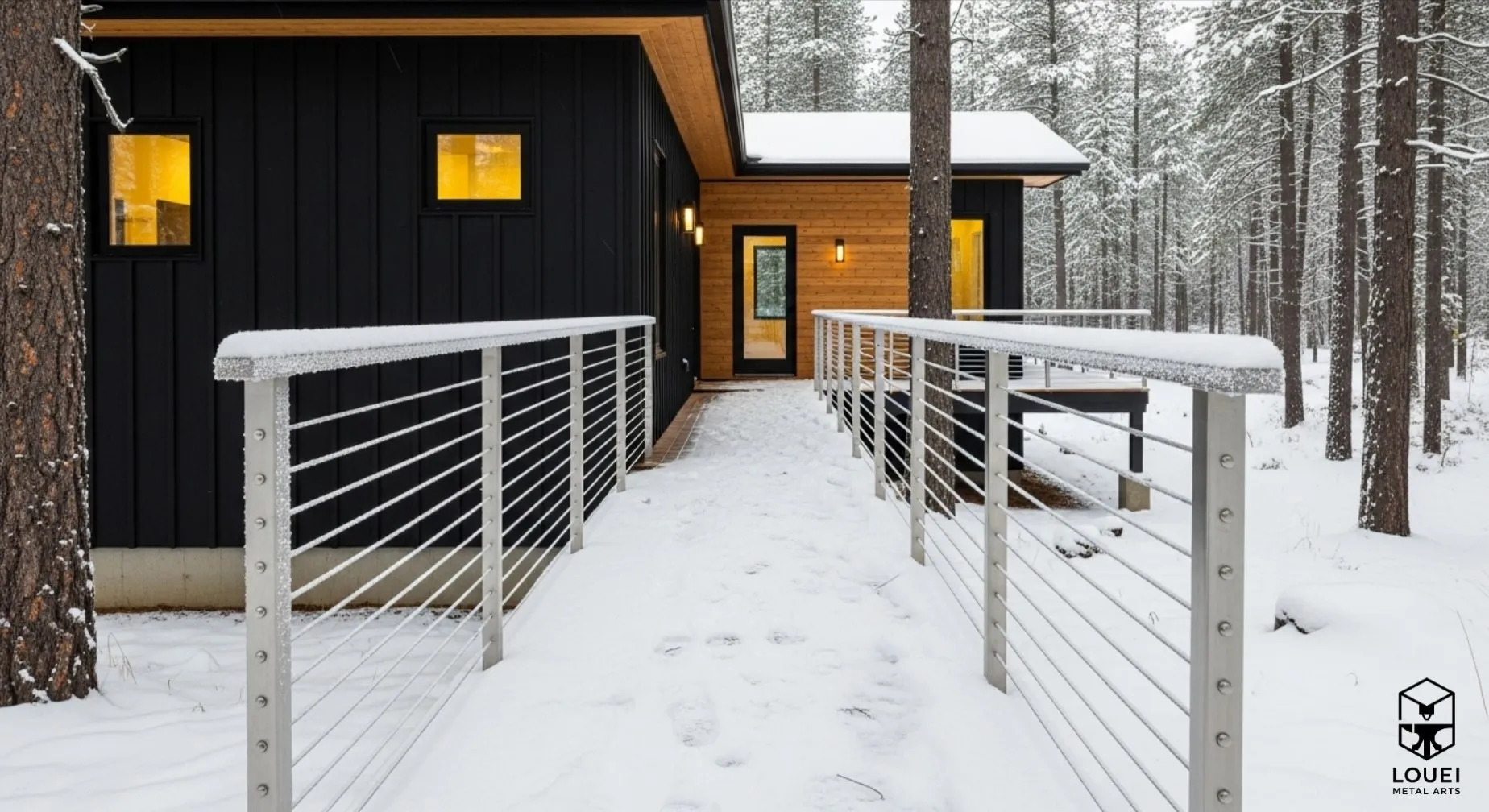 Stainless steel cable railing along a snowy walkway leading to a modern black cabin in a winter forest.