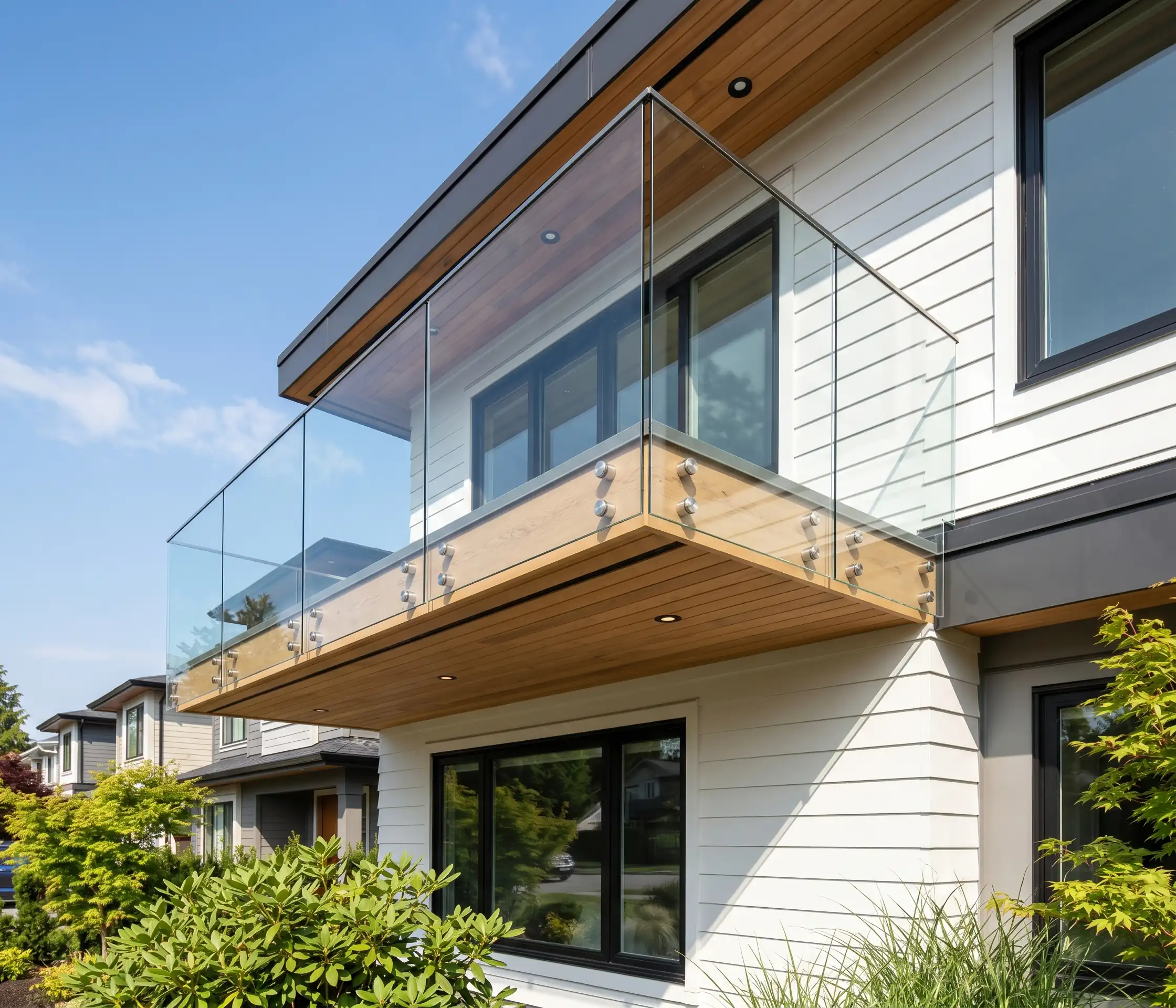 Standoff fascia-mount frameless glass railing on a Vancouver condo balcony — zero deck footprint, glass mounted to exterior fascia