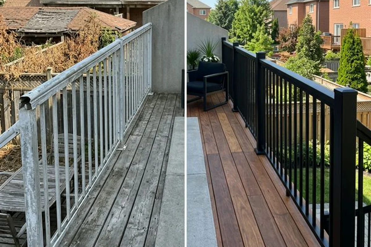 Side-by-side: chalking builder-grade aluminum railing versus custom powder-coated steel picket railing on a Langley townhome