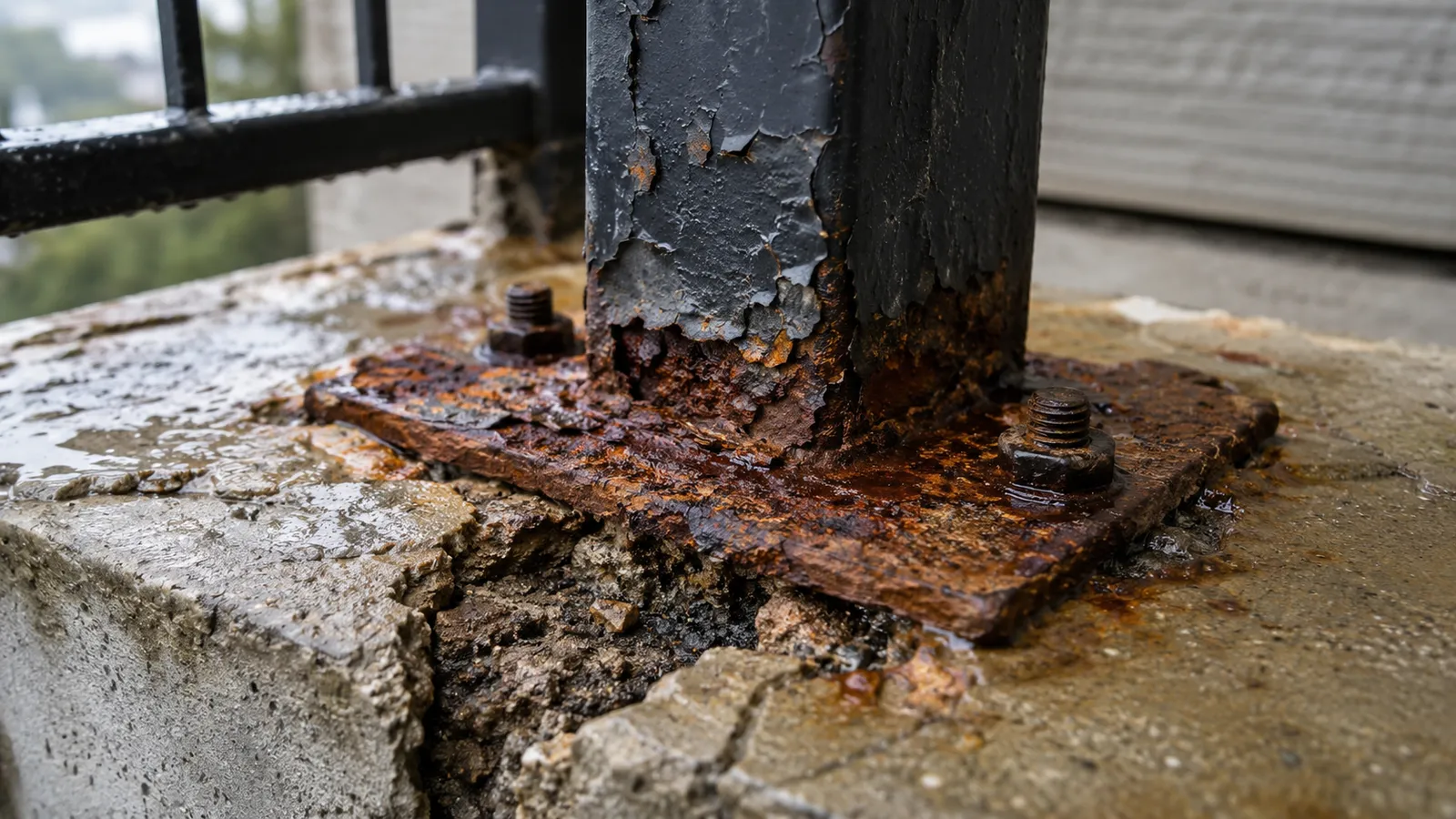 Corroded balcony guardrail anchor on an older Metro Vancouver strata building