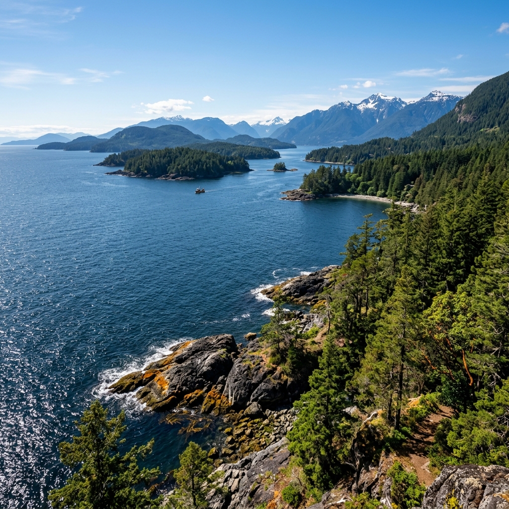 Beautiful realistic aerial view of the Sunshine Coast's oceanic archipelagos and forested shorelines.