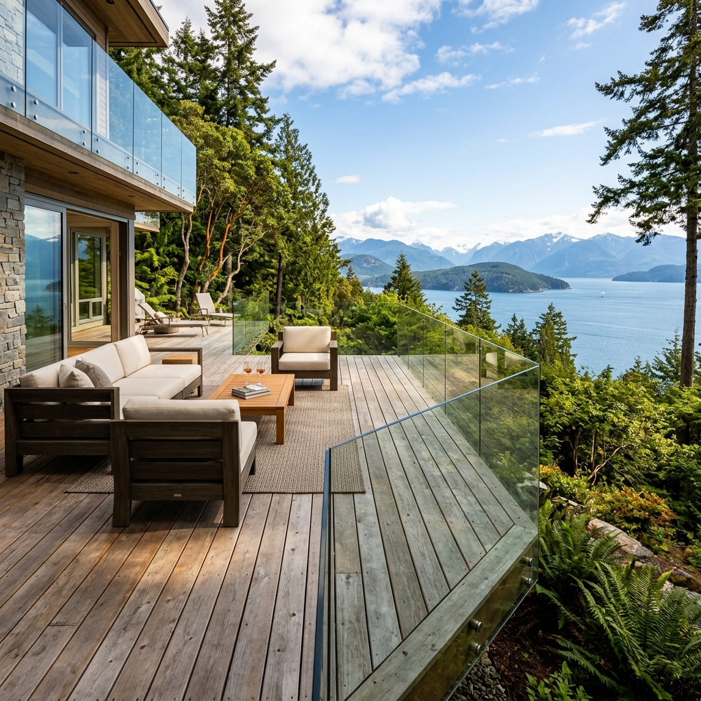 Realistic high-end frameless glass railing on a modern luxury deck overlooking the Sunshine Coast ocean