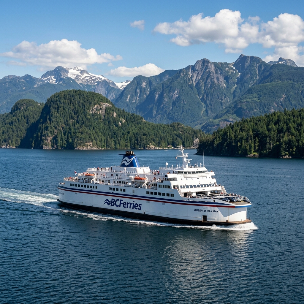 A gorgeous view of a BC Ferries ship crossing Howe Sound towards the Sunshine Coast