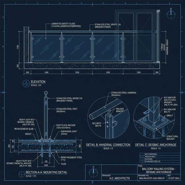 Technical blueprint showing seismic anchorage and VBBL compliant railing engineering.