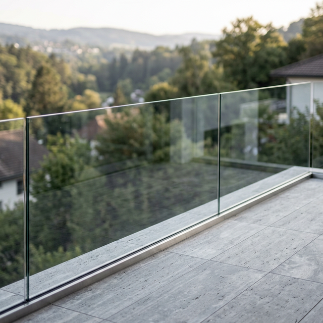 Modern frameless base-shoe glass guard on a residential balcony.