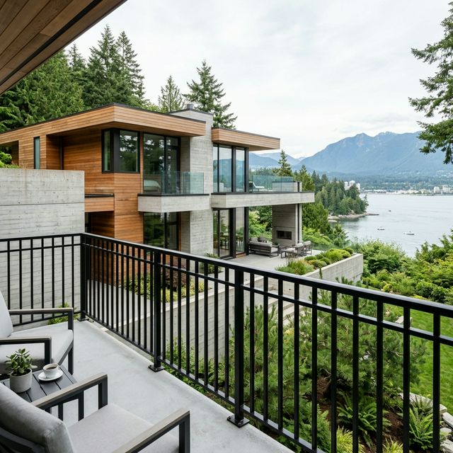 Modern custom matte-black steel railing complementing West Coast Contemporary design with cedar and concrete.